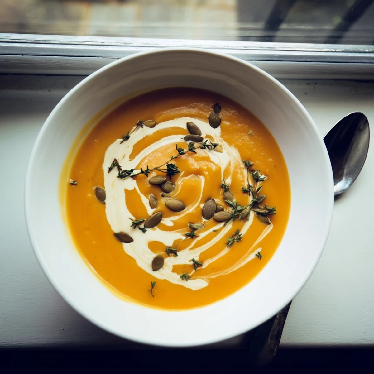 Velvety butternut squash soup featuring roasted squash and aromatic spices in a rustic setting
