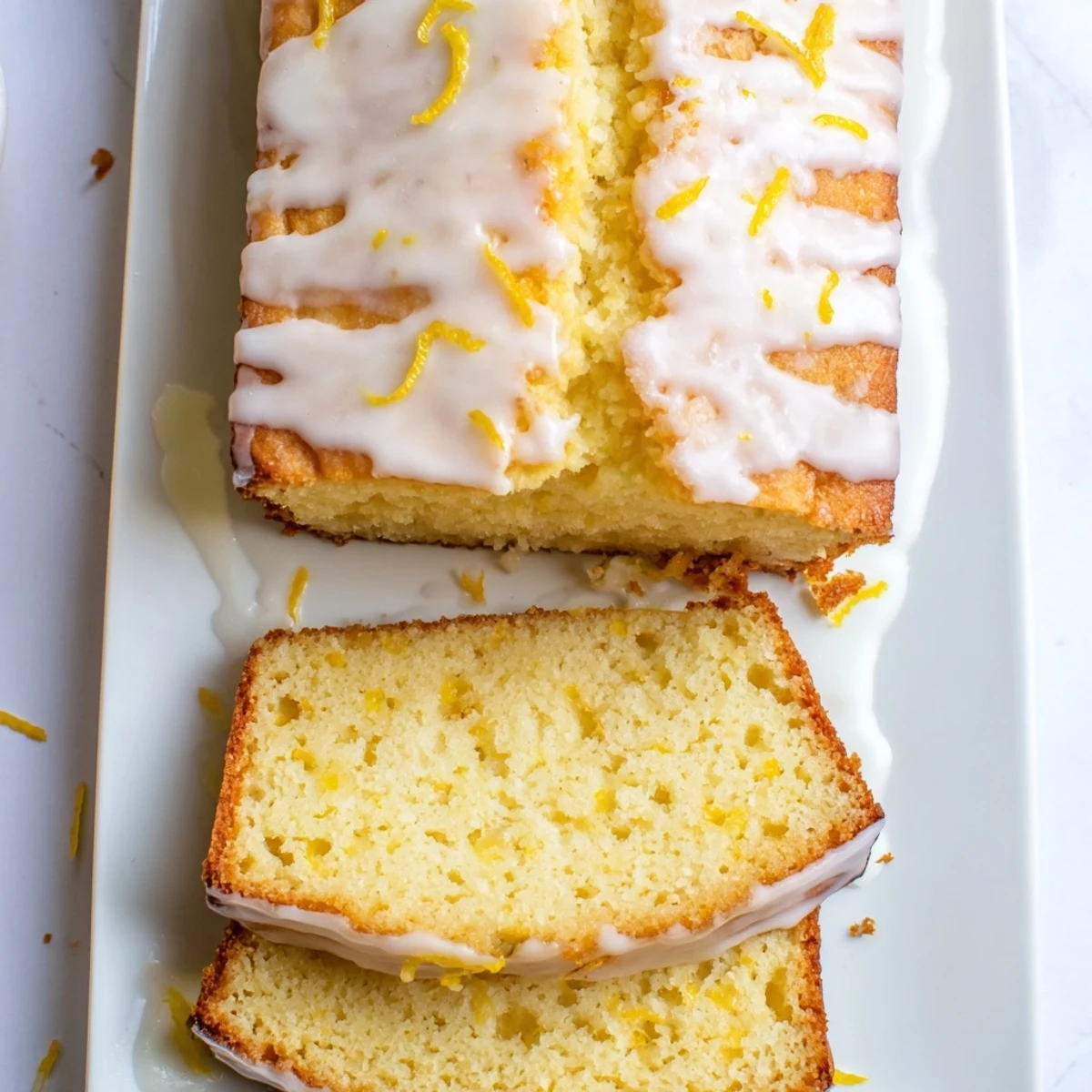 Golden slice of Greek yogurt lemon loaf with tangy lemon glaze drizzled over the moist tender crumb