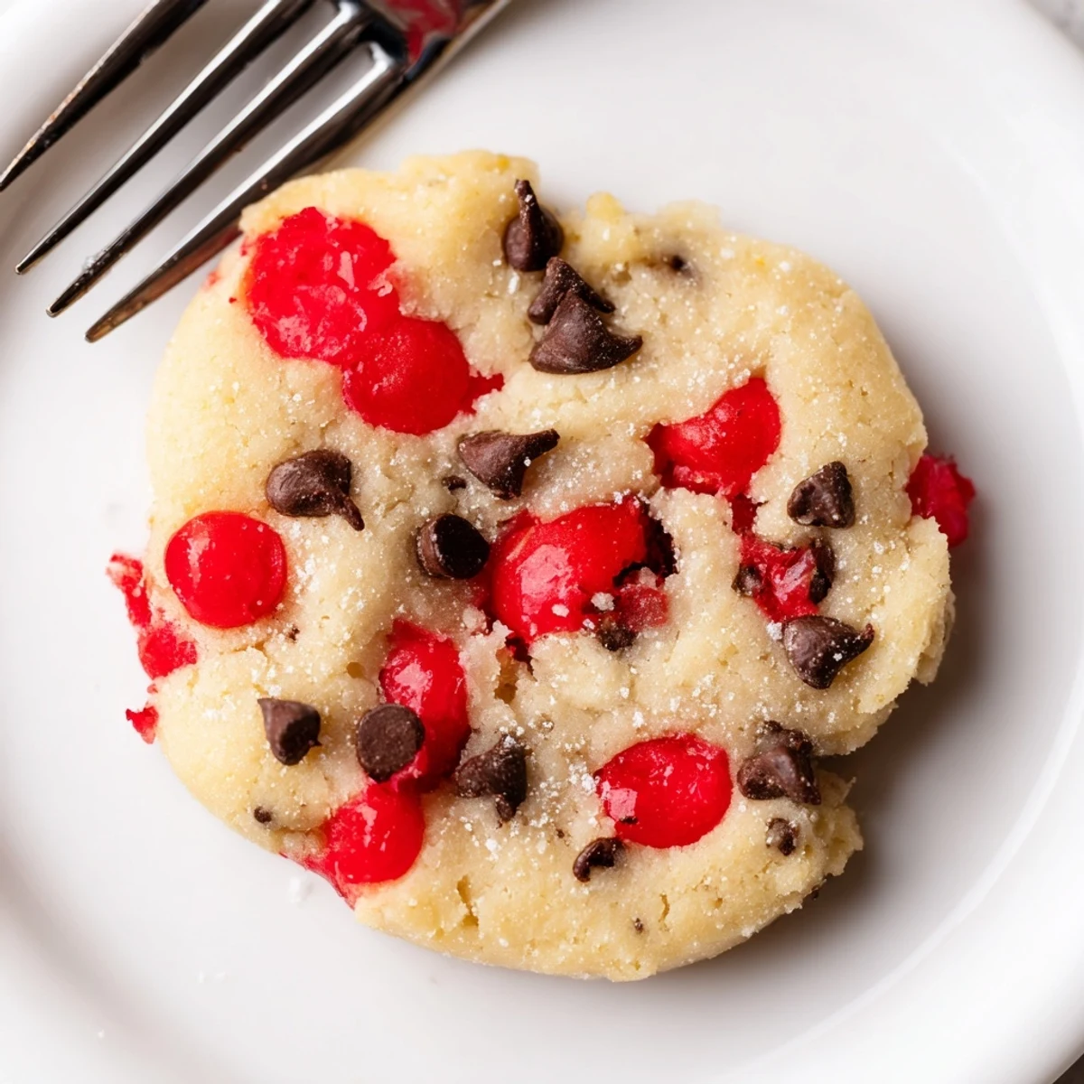 Buttery shortbread fingers studded with bright red maraschino cherries on festive Christmas baking sheet