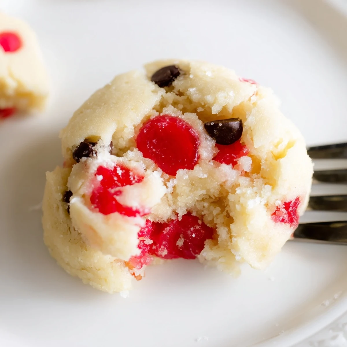 Golden Christmas maraschino cherry shortbread cookies scattered on a white holiday serving platter