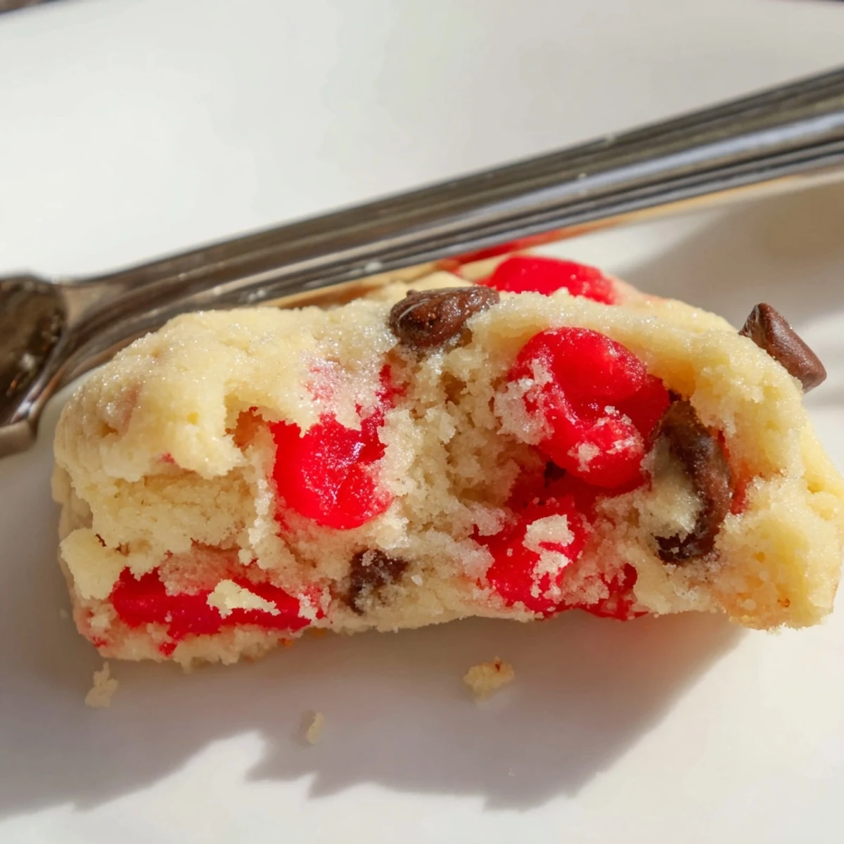 Stack of pale buttery Christmas maraschino cherry shortbread cookies topped with powdered sugar dusting