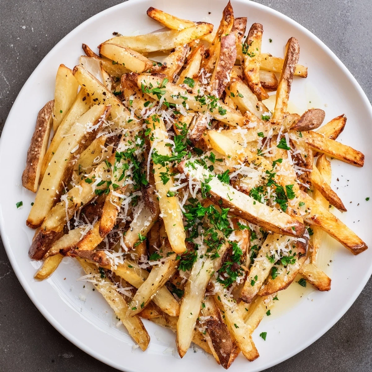 Golden brown potato fries drizzled with aromatic truffle oil and sprinkled with Parmesan cheese
