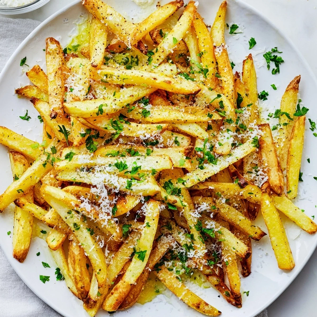 Crispy golden homemade truffle fries topped with freshly grated Parmesan and chopped parsley