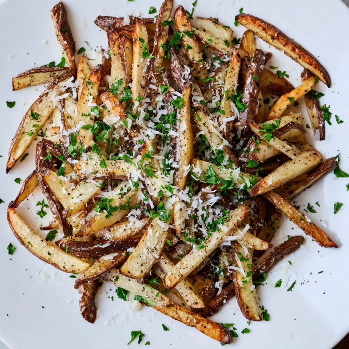 Baked homemade truffle fries with parmesan cheese served on a rustic wooden platter