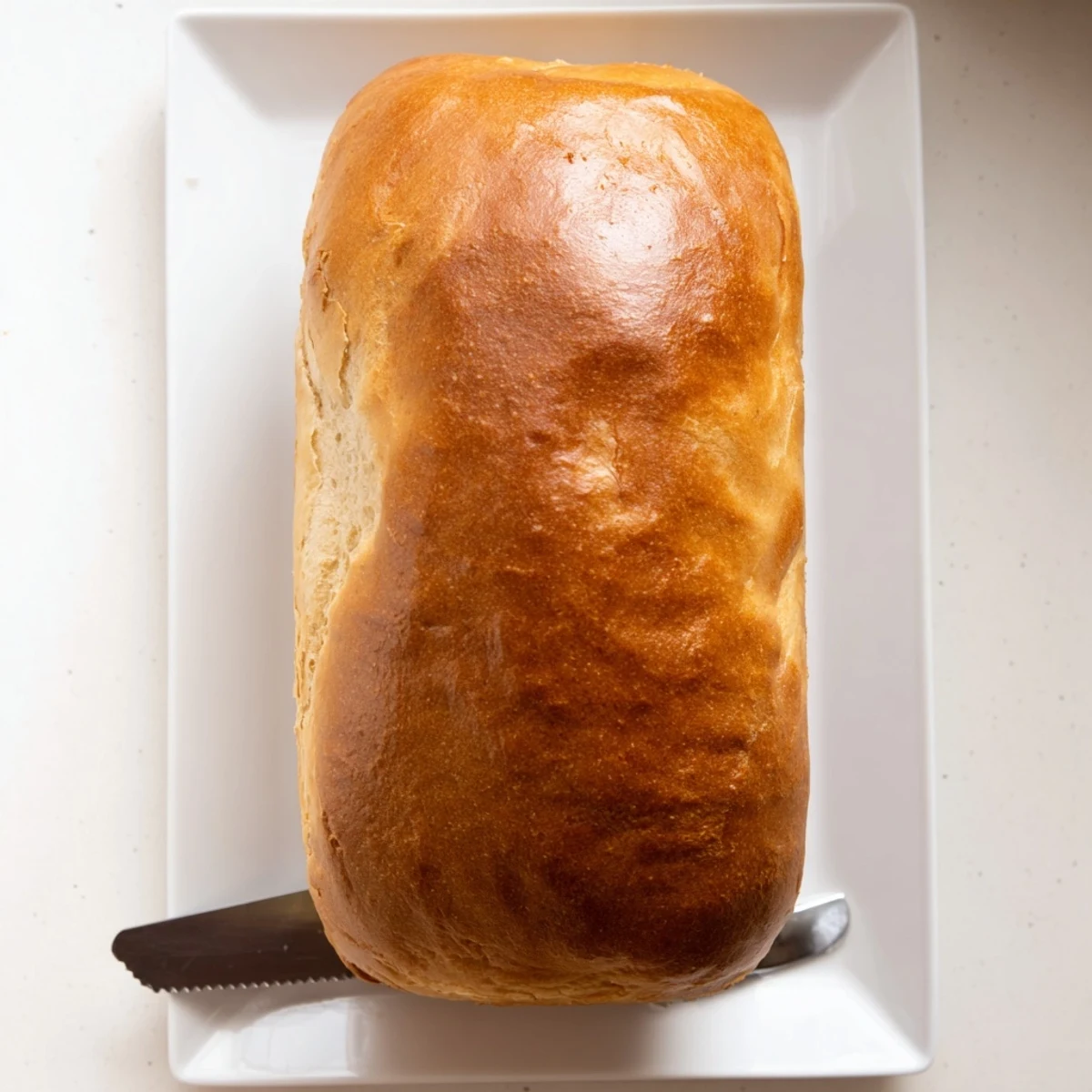 Golden brown homemade Amish white bread loaves cooling on a wire rack after baking