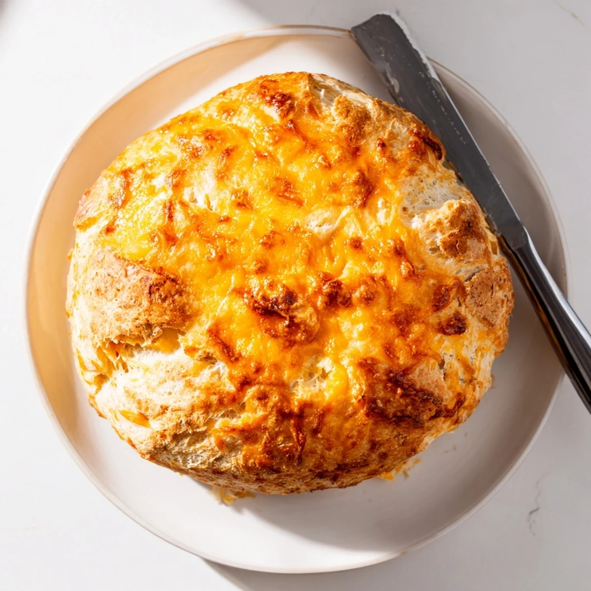 Golden no knead cheddar bread with a crispy crust, baked in a Dutch oven and studded with melted sharp cheese