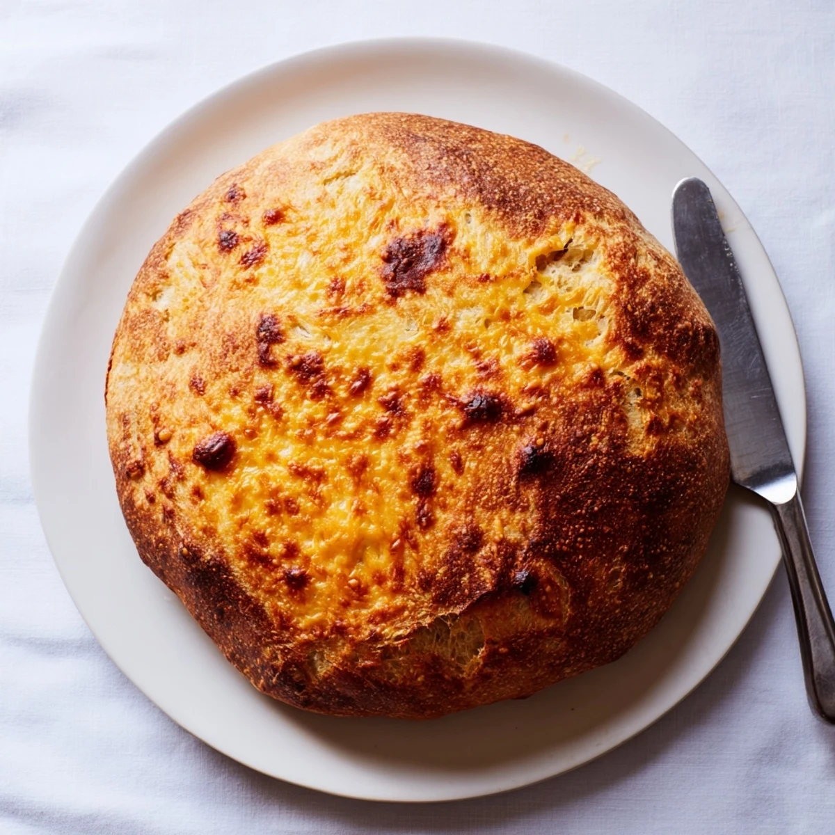 Rustic no knead cheddar bread loaf sliced open to reveal the tender crumb and pockets of savory cheddar throughout