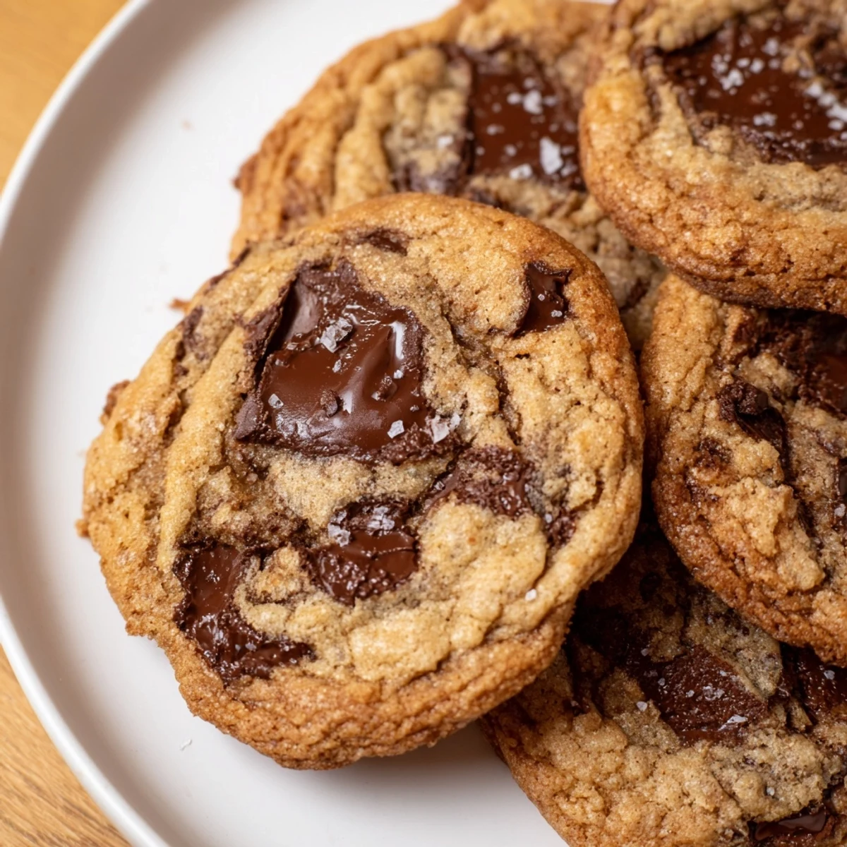 Freshly baked brown butter chocolate chip cookies cooling on a wire rack with gooey centers