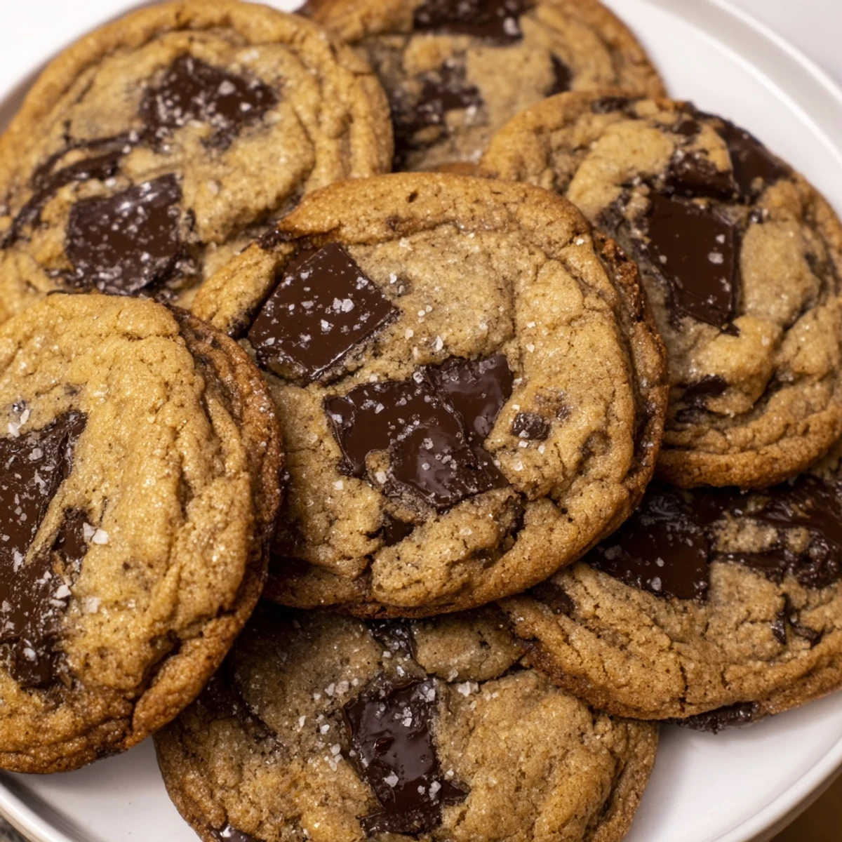 Golden brown butter chocolate chip cookies with melted chocolate chunks and crispy edges