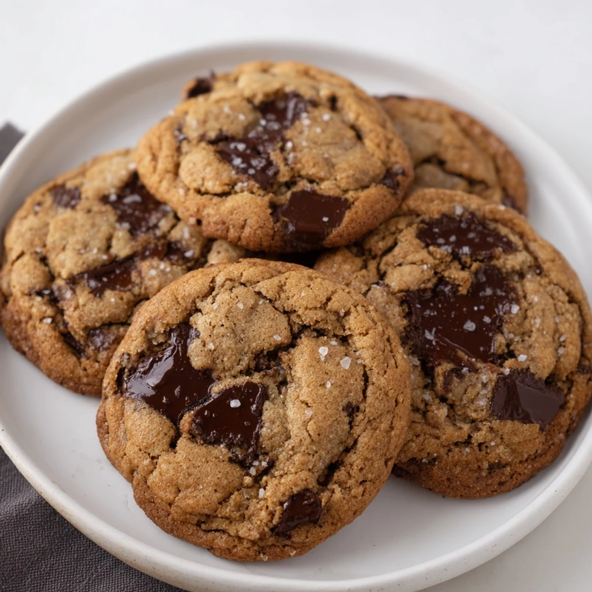 Chewy brown butter chocolate chip cookies stacked on a wooden board with visible chocolate chips