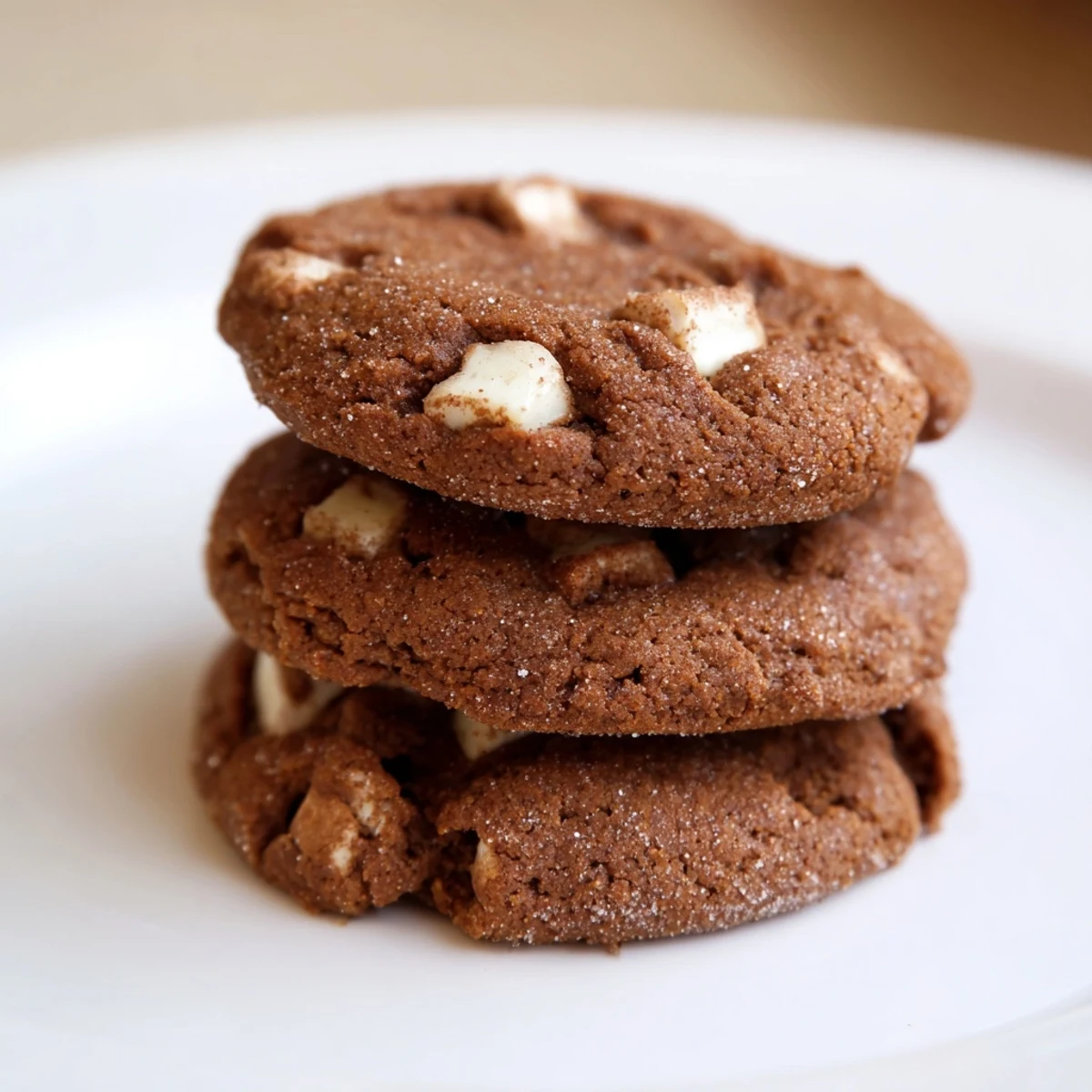Warmly spiced gingerbread white chocolate cookies stacked high with creamy white chip throughout