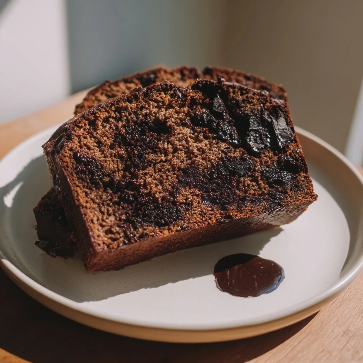 Slice of chocolate espresso banana bread with melted chocolate chips on a white plate
