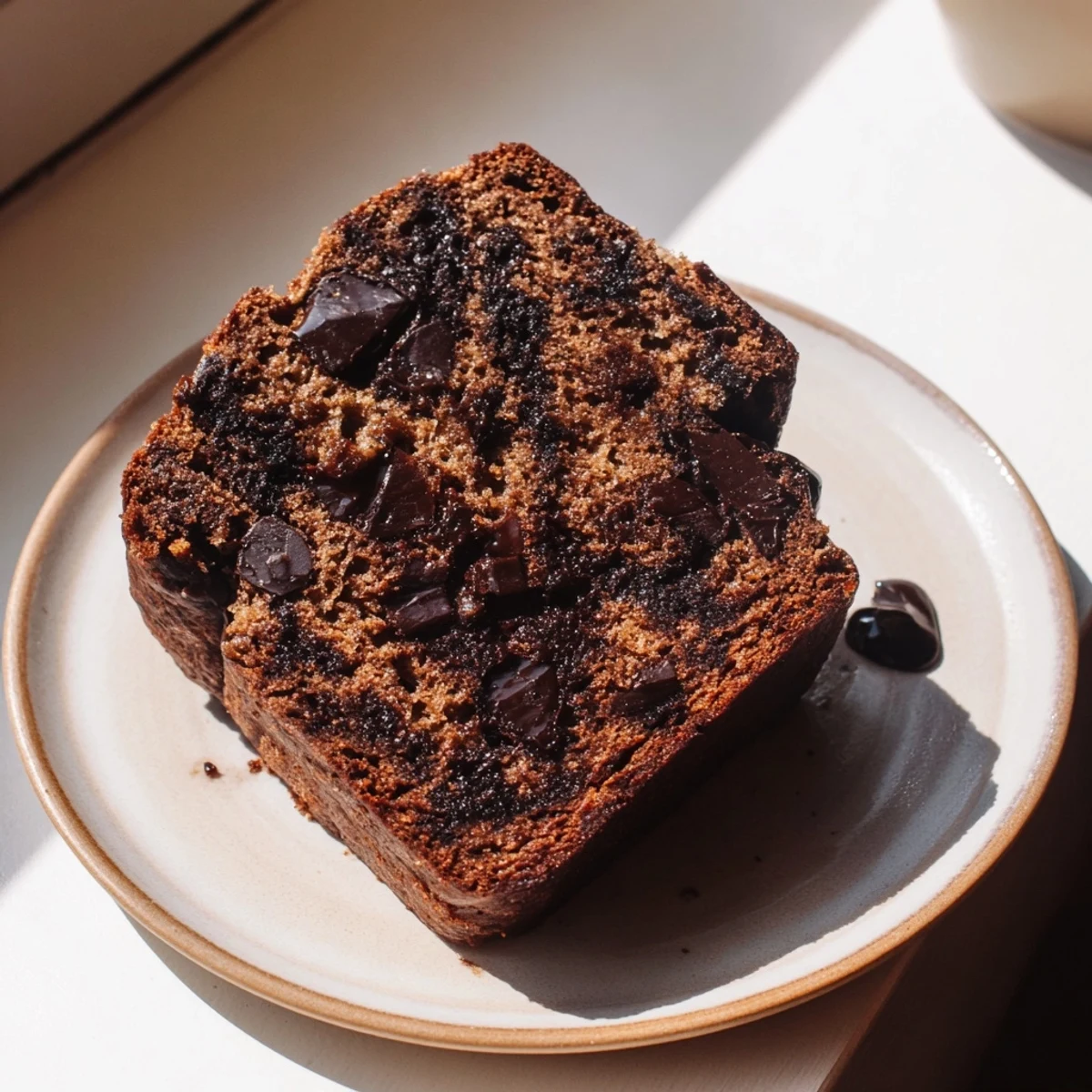 Moist chocolate espresso banana bread loaf dusted with cocoa powder and sliced for serving