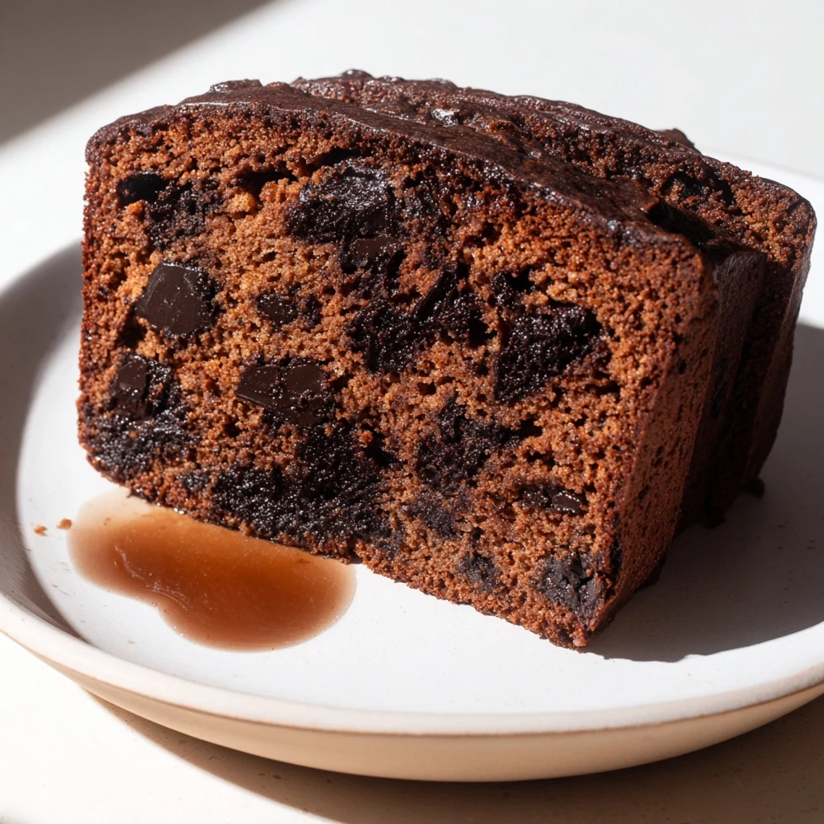 Warm slice of chocolate espresso banana bread served with a cup of hot coffee