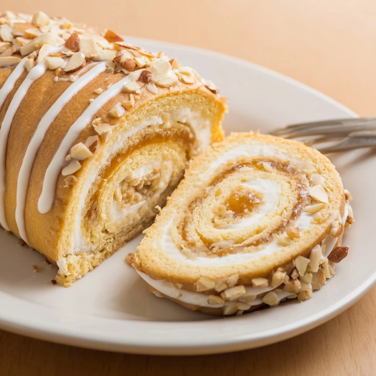 Warm Almond Cream Cheese Rolls with glossy almond glaze and toasted almonds