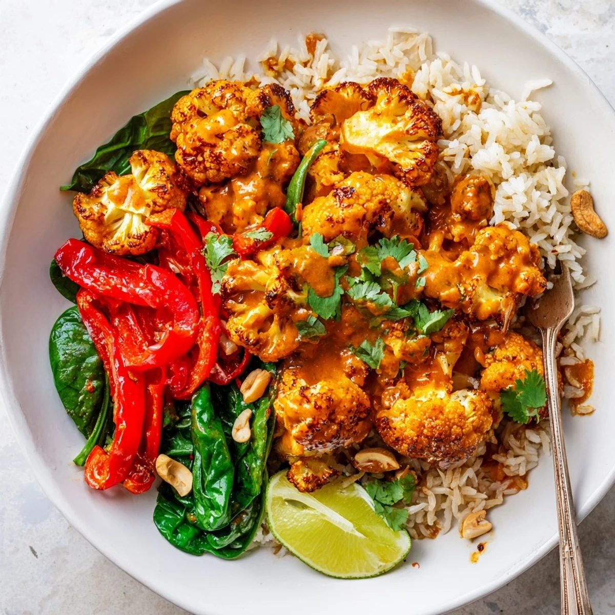 Roasted Cauliflower Red Curry Rice steaming over jasmine rice, fragrant coconut-lime aroma
