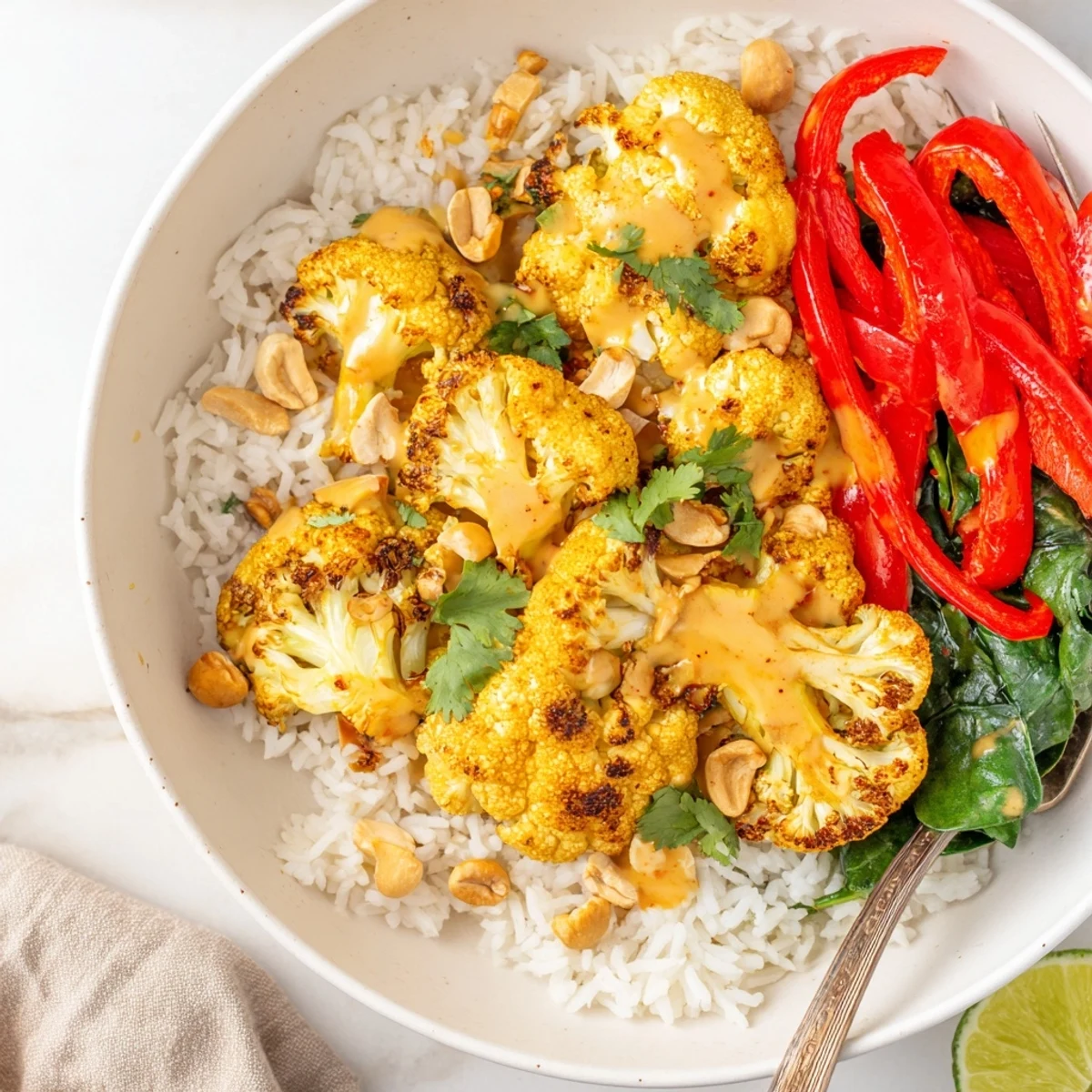 Family-style Roasted Cauliflower Red Curry Rice garnished with cilantro, lime wedge