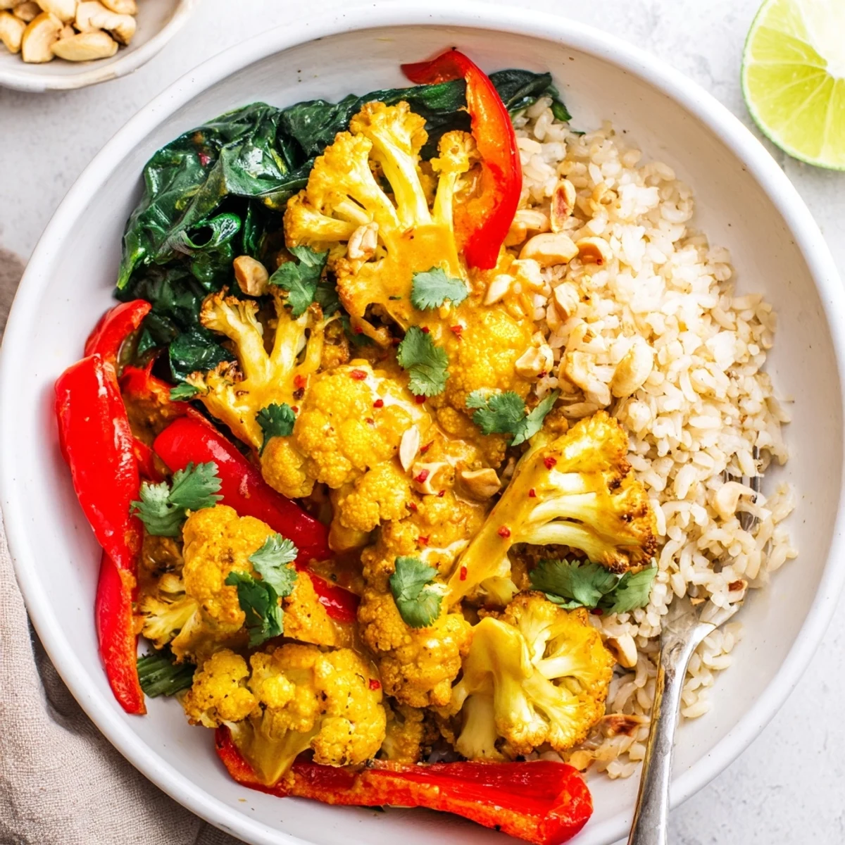 A bowl of Roasted Cauliflower Red Curry Rice with charred florets, creamy sauce