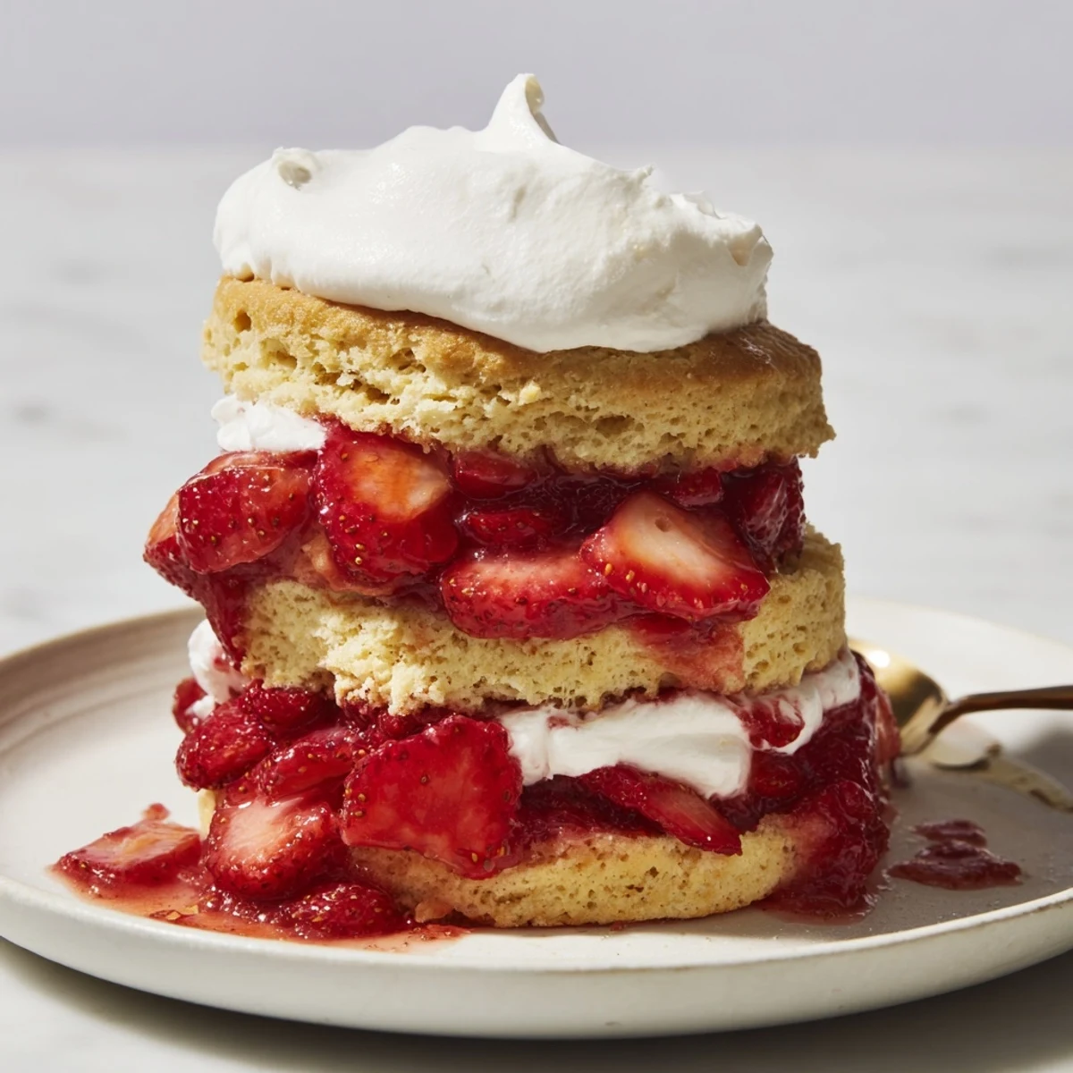 Golden homemade strawberry shortcake stacked with sweet macerated berries and fluffy whipped cream topping