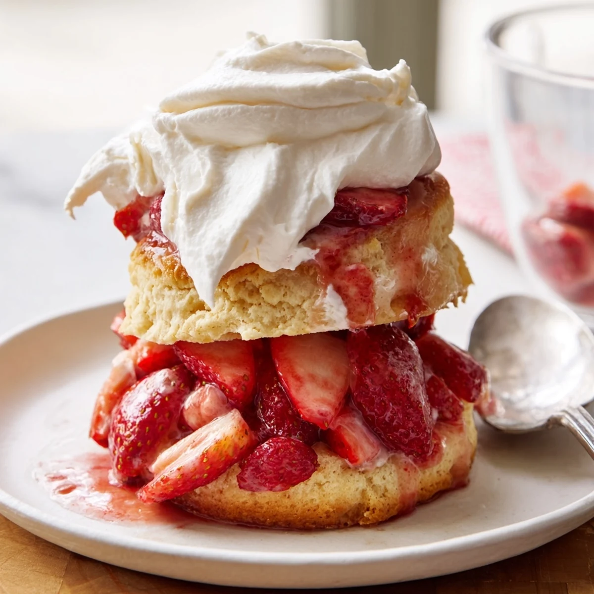 Classic American strawberry shortcake dessert with fresh sliced berries and generous dollop of sweetened cream