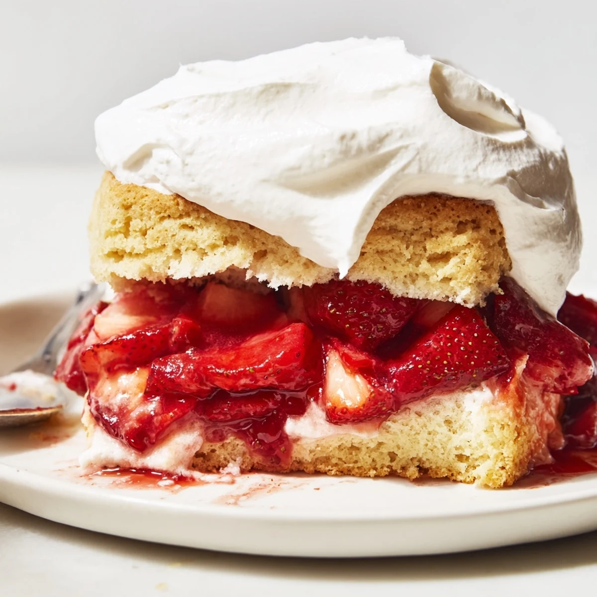 Split biscuit filled with juicy red strawberries and clouds of vanilla whipped cream on white plate