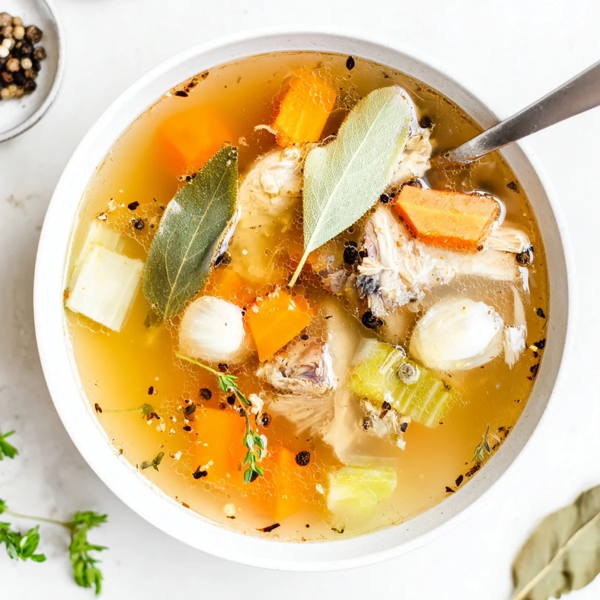 Golden homemade chicken bone broth slow cooker simmered with vegetables and fresh herbs
