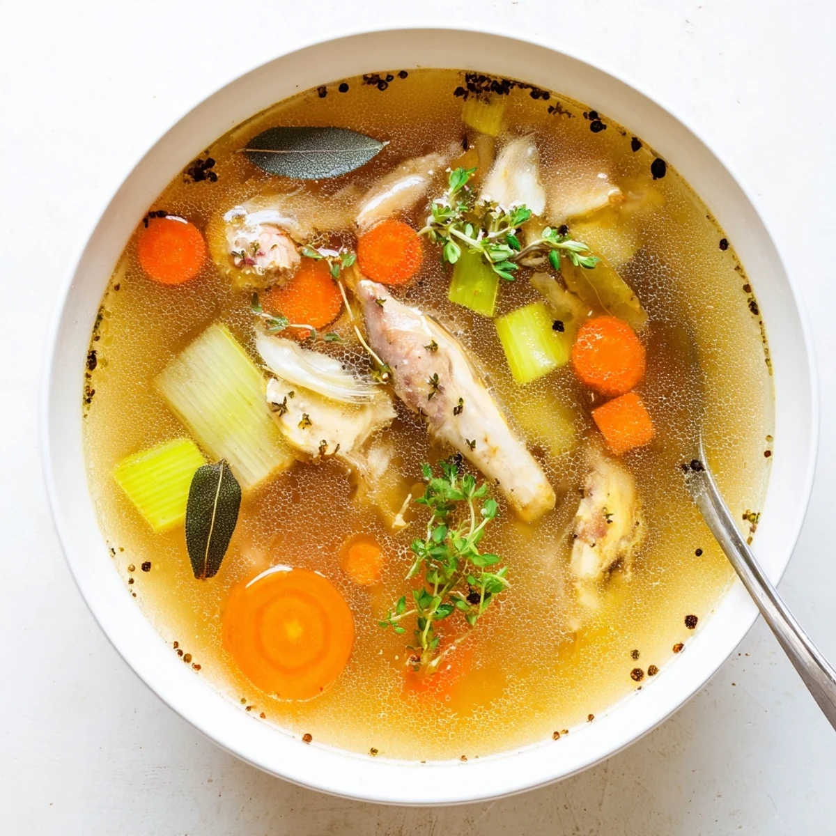 Steaming slow cooker chicken bone broth ladled into a white mug with parsley garnish