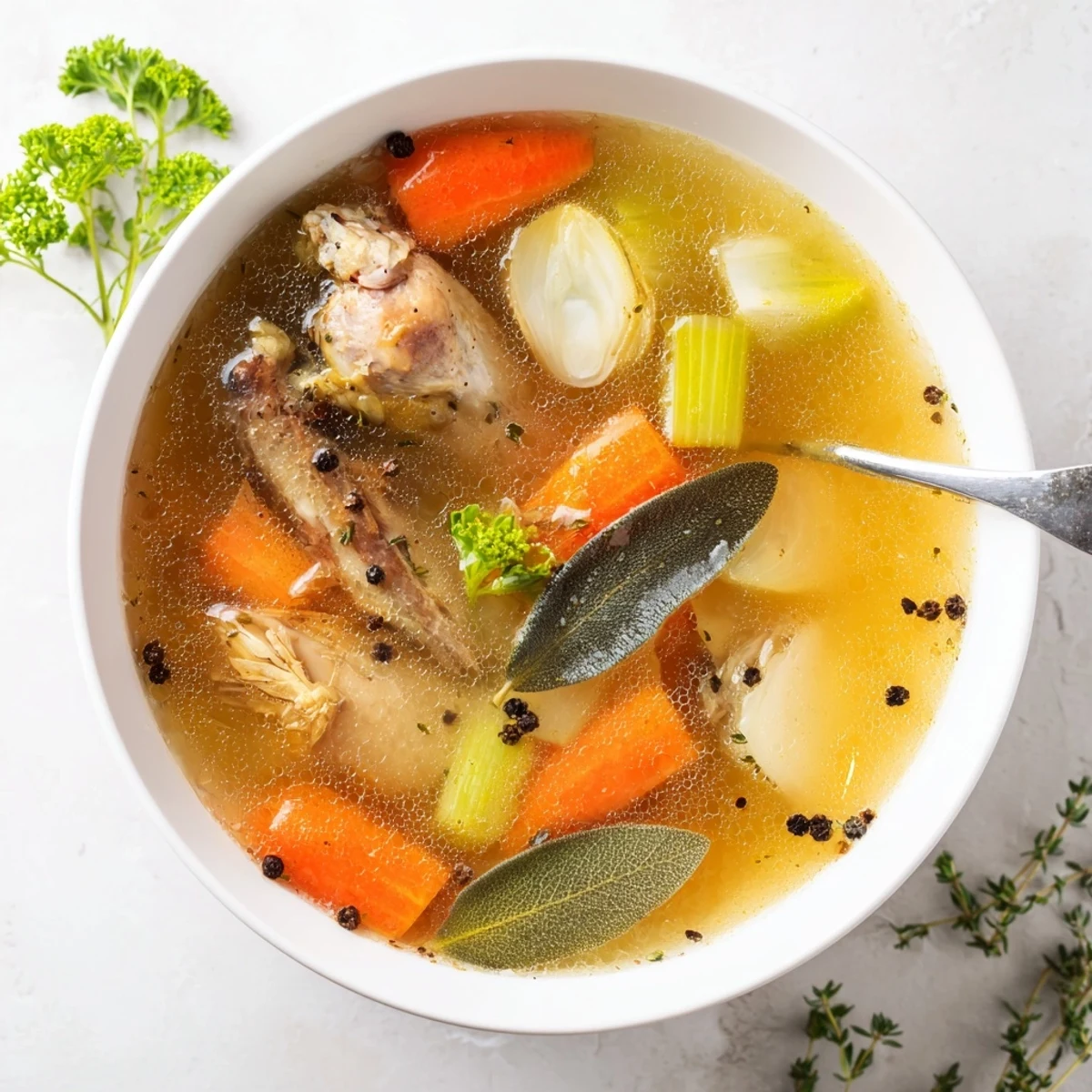 Rich amber chicken bone broth slow cooker recipe strained into clear glass jars