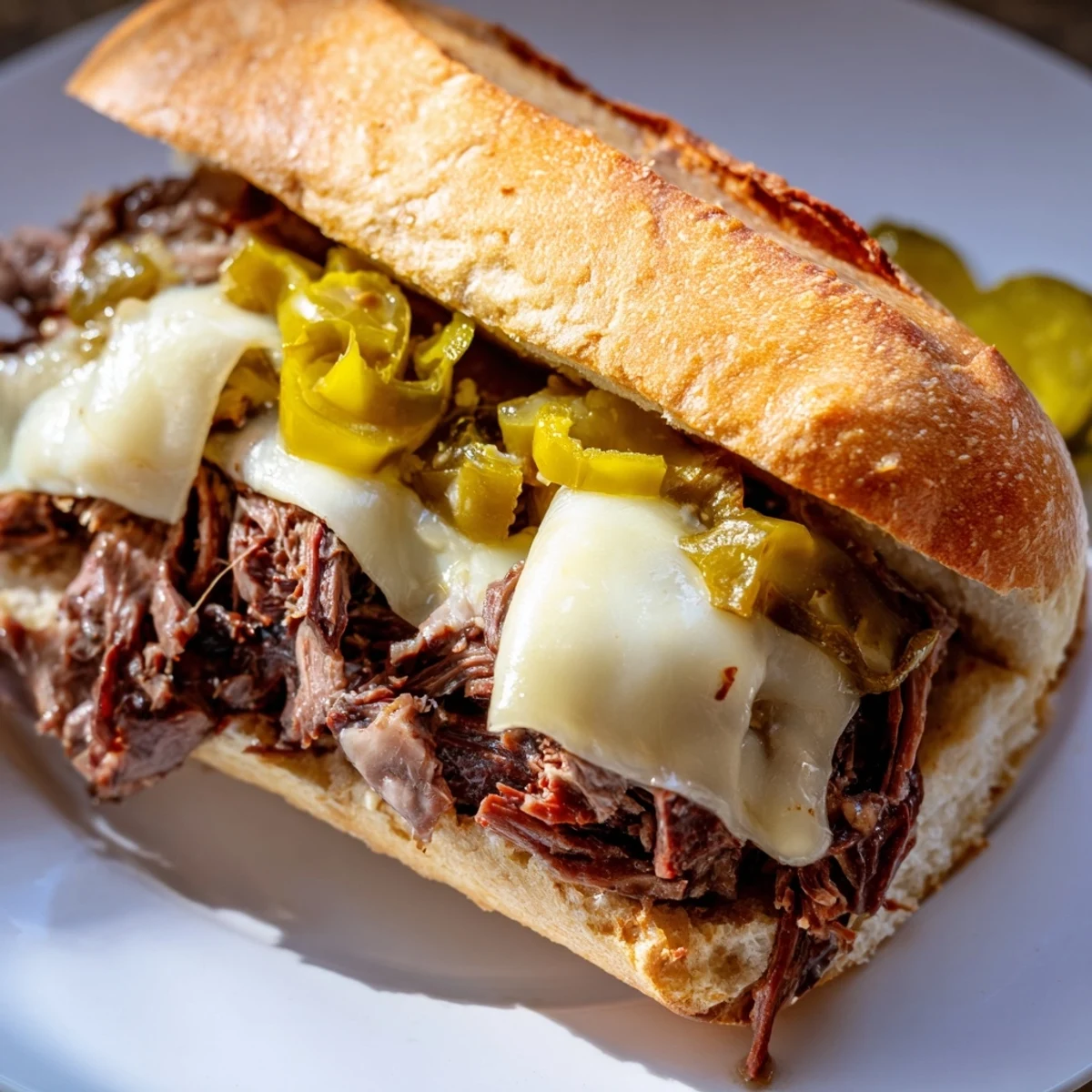 Tender shredded Italian roast beef overflowing from toasted rolls topped with spicy pepperoncini