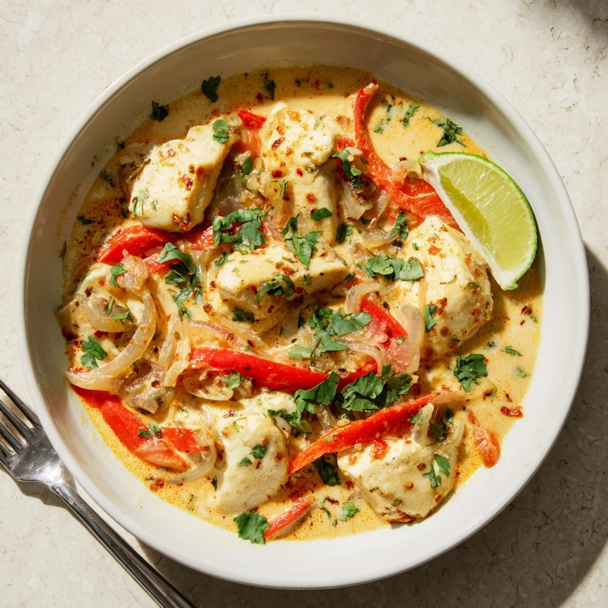 Vibrant spicy Brazilian coconut chicken plated with fluffy white rice and lime wedges for a zesty main dish