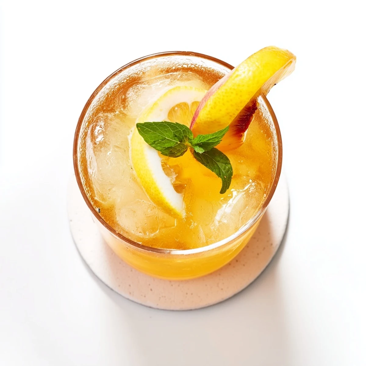 Glass of fresh peach lemonade drink garnished with lemon wheels and mint sprigs