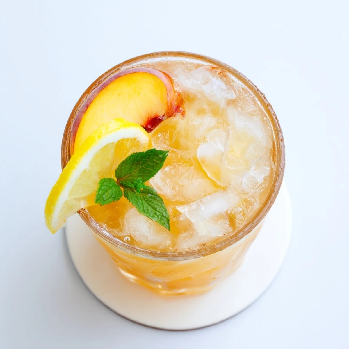 Fresh peach lemonade drink poured over ice in a glass with peach slices