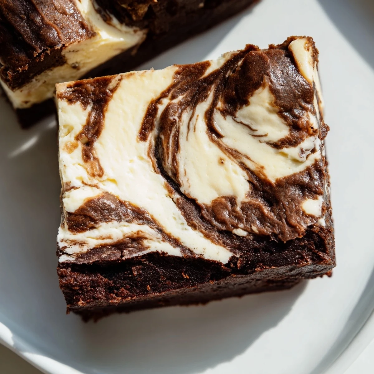 Fudgy sourdough cheesecake brownie bars with swirled cream cheese layer on a white plate