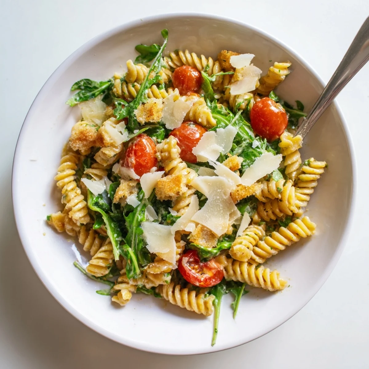 Arugula Pasta Caesar Salad with glossy dressing, crunchy croutons, shaved Parmesan