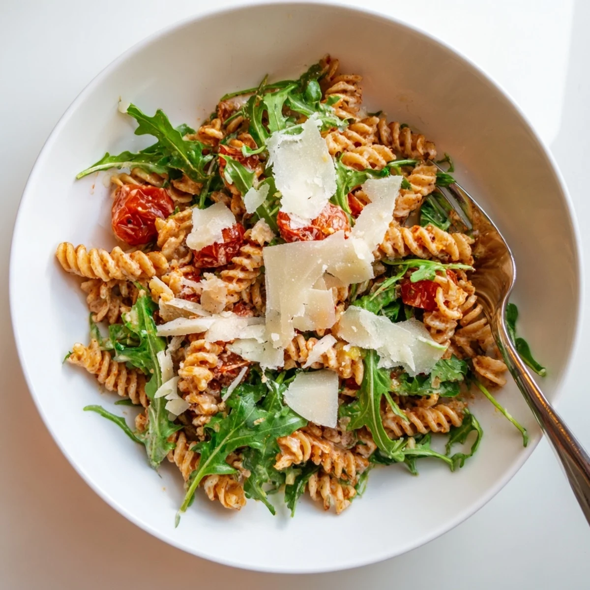 Bright Arugula Pasta Caesar Salad tossed with lemony dressing and cherry tomatoes