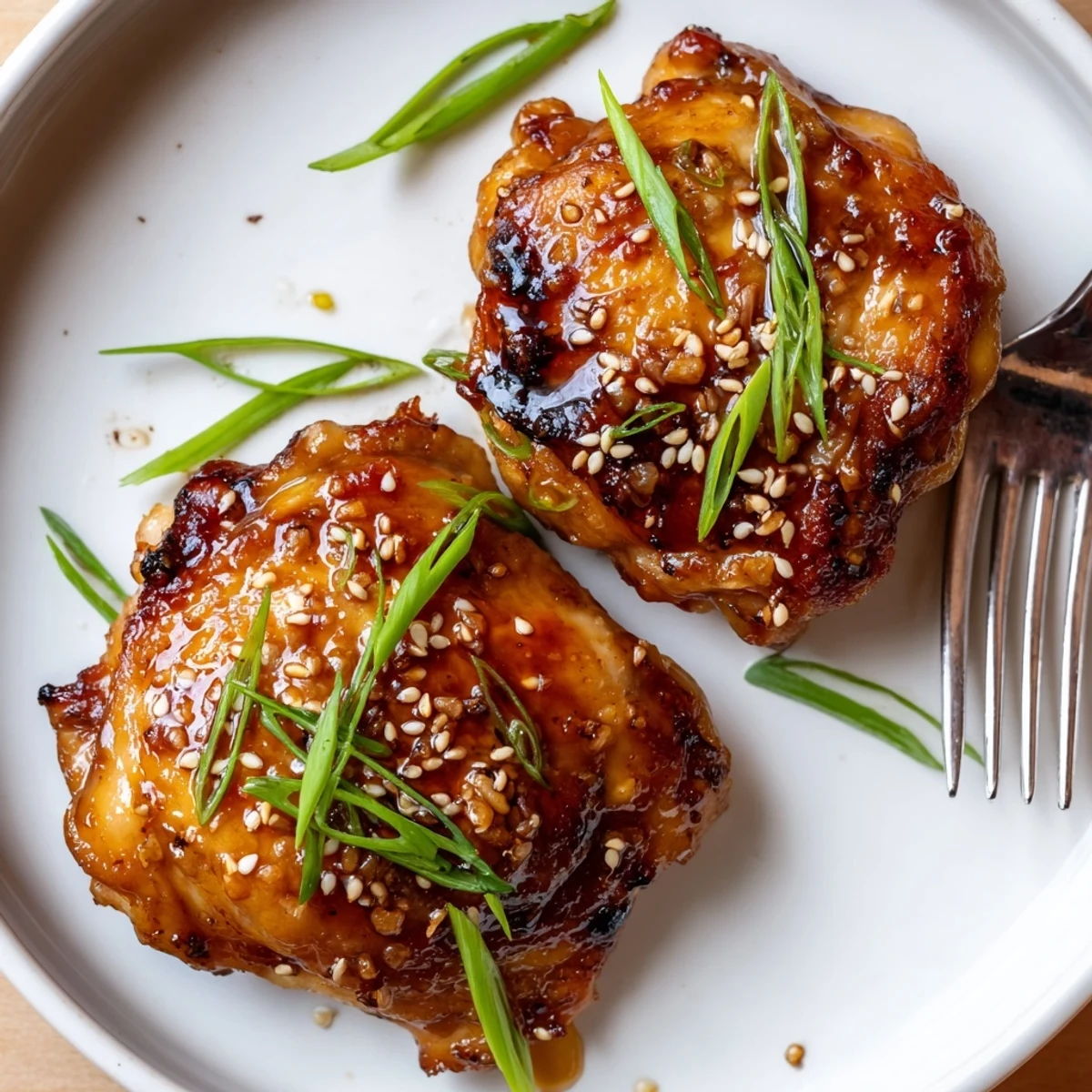Juicy Korean Chicken Thighs glazed and caramelized, resting on steamed white rice