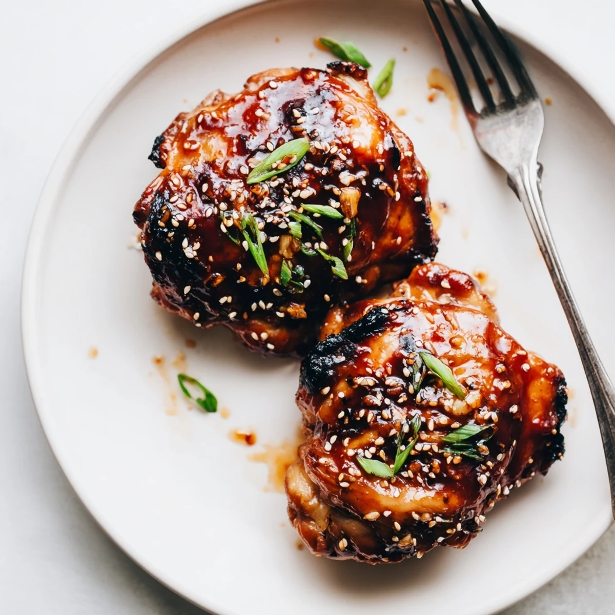 Sticky, tender Juicy Korean Chicken Thighs served with kimchi and lime wedges