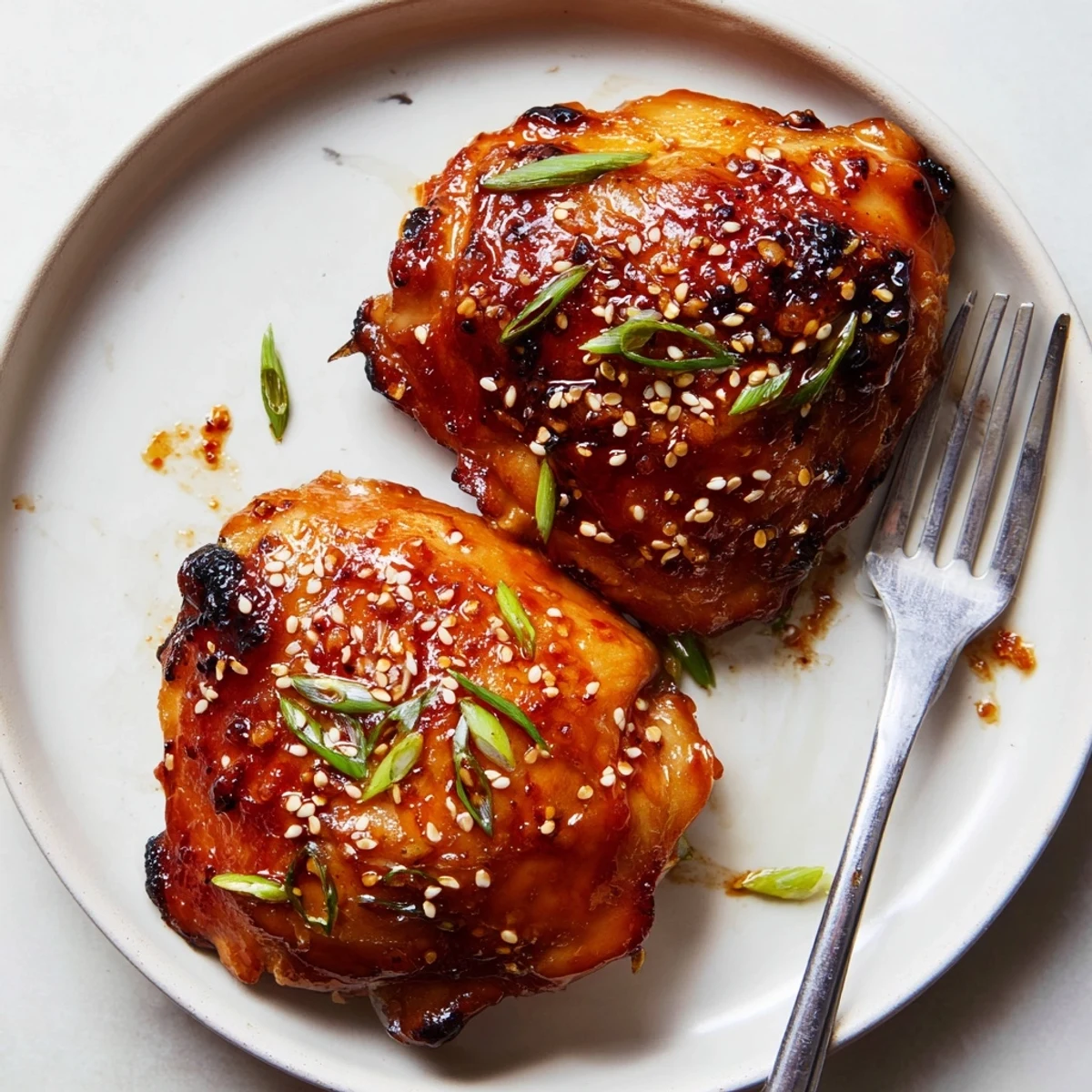 Oven-roasted Juicy Korean Chicken Thighs sprinkled with sesame seeds and scallions