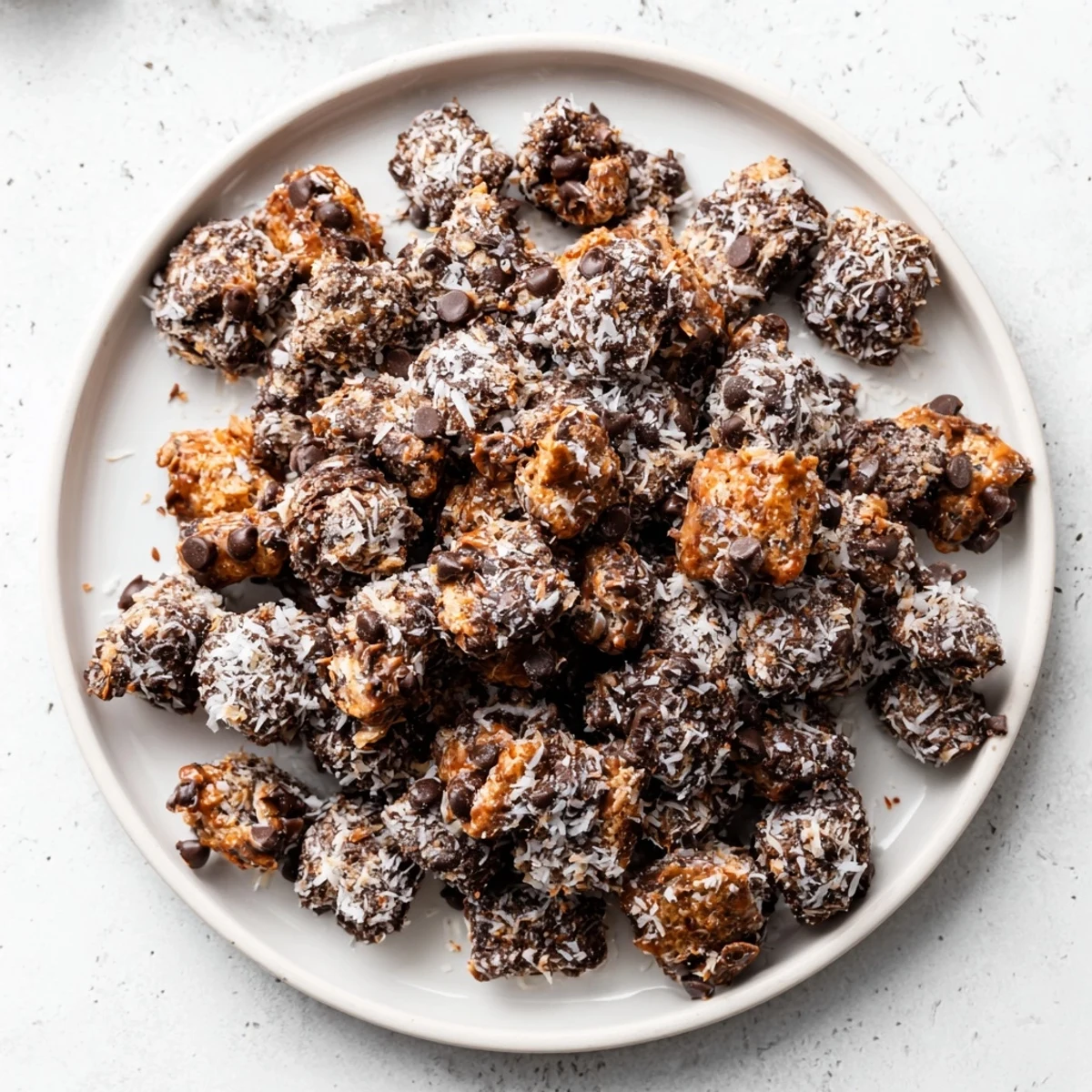 Samoas Puppy Chow Cereal piled in bowl, glossy chocolate, toasted coconut aroma