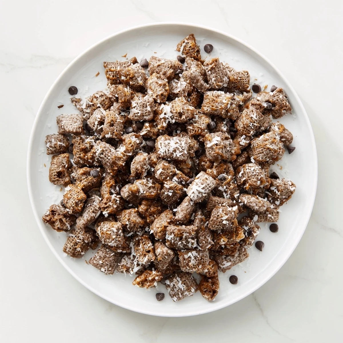 Warm Samoas Puppy Chow Cereal tossed with powdered sugar, chewy caramel pockets