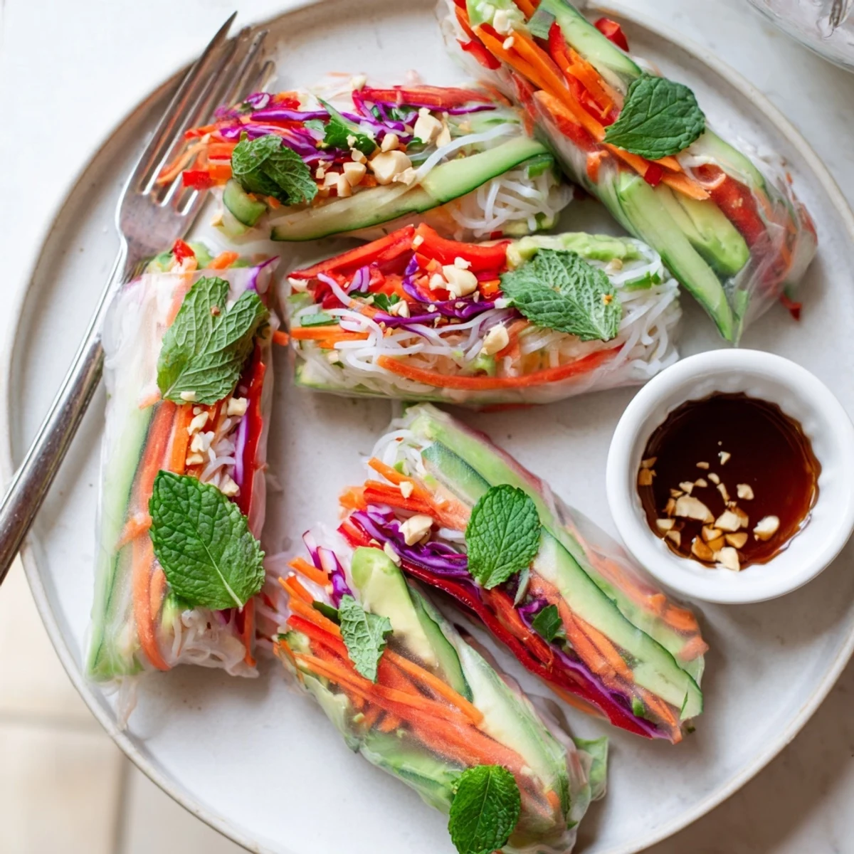 Gluten Free Vegetable Spring Rolls arranged on platter, vibrant vegetables and dipping sauce