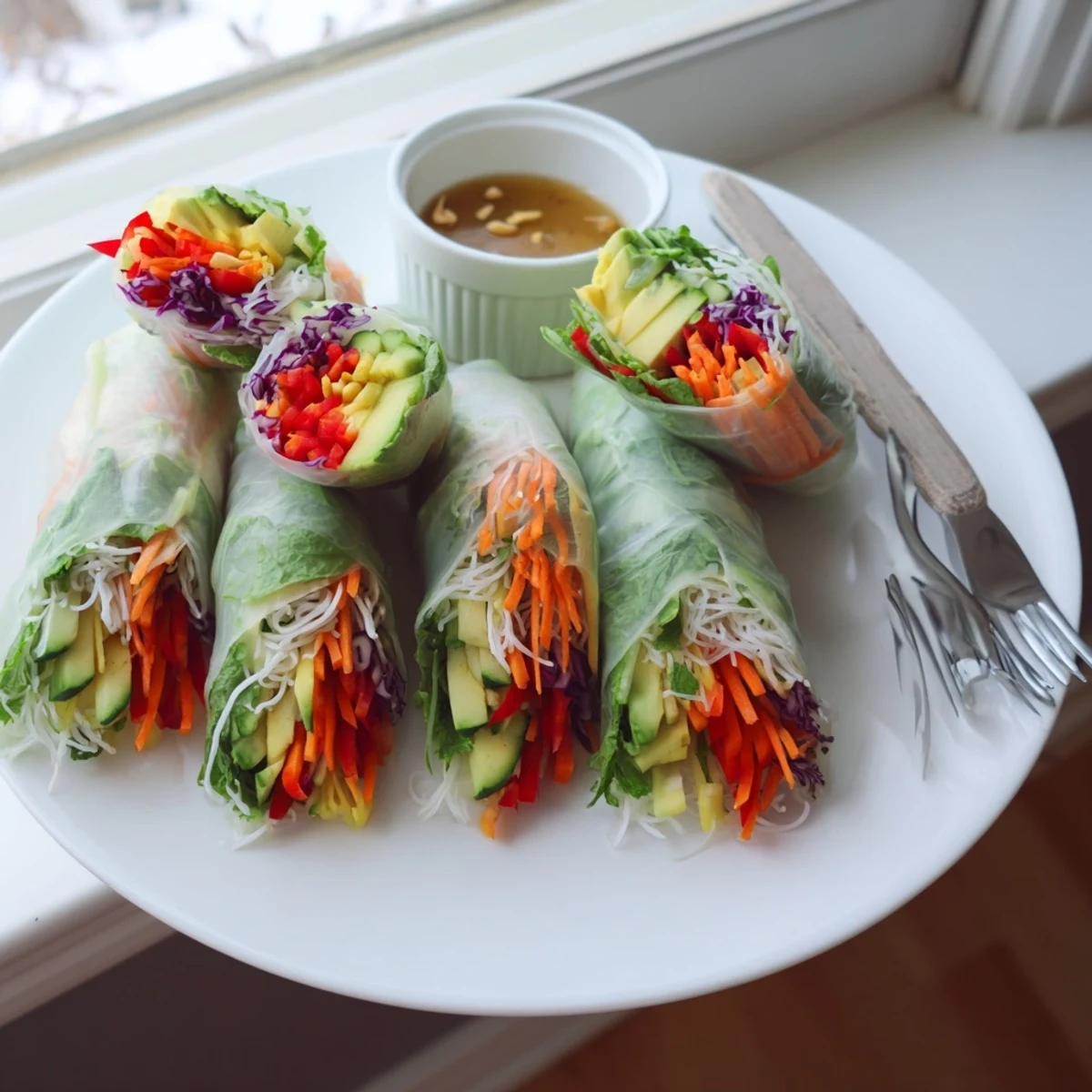 Hand-rolled Gluten Free Vegetable Spring Rolls showcasing julienned carrots, cucumber, crunchy fresh herbs