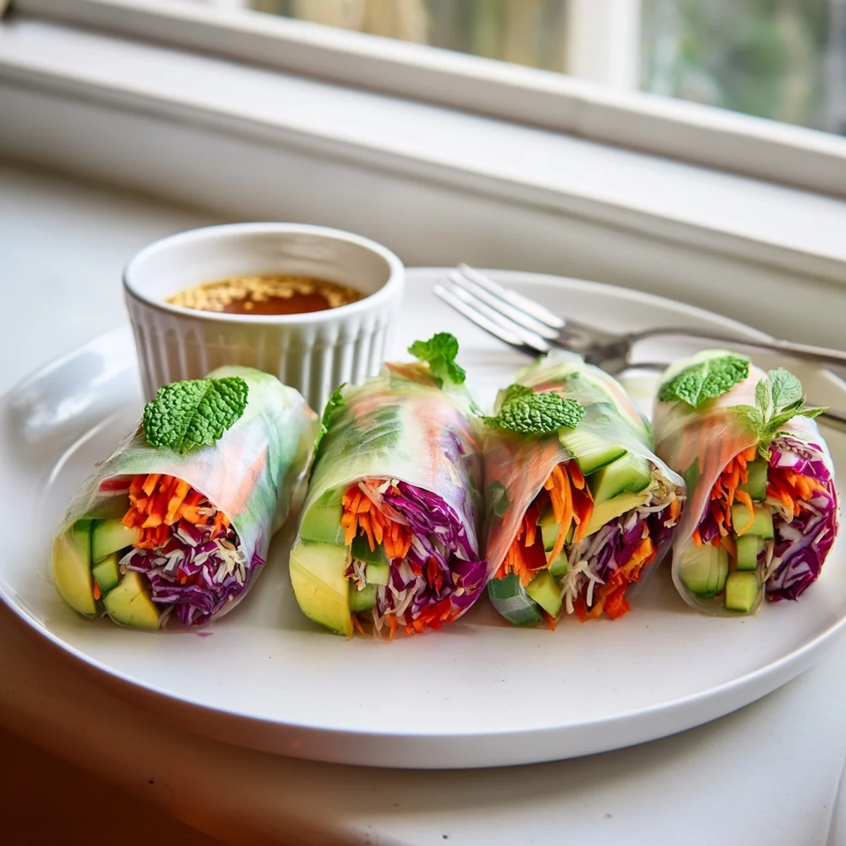 Crisp Gluten Free Vegetable Spring Rolls with avocado, mint, cilantro, served with tangy dipping
