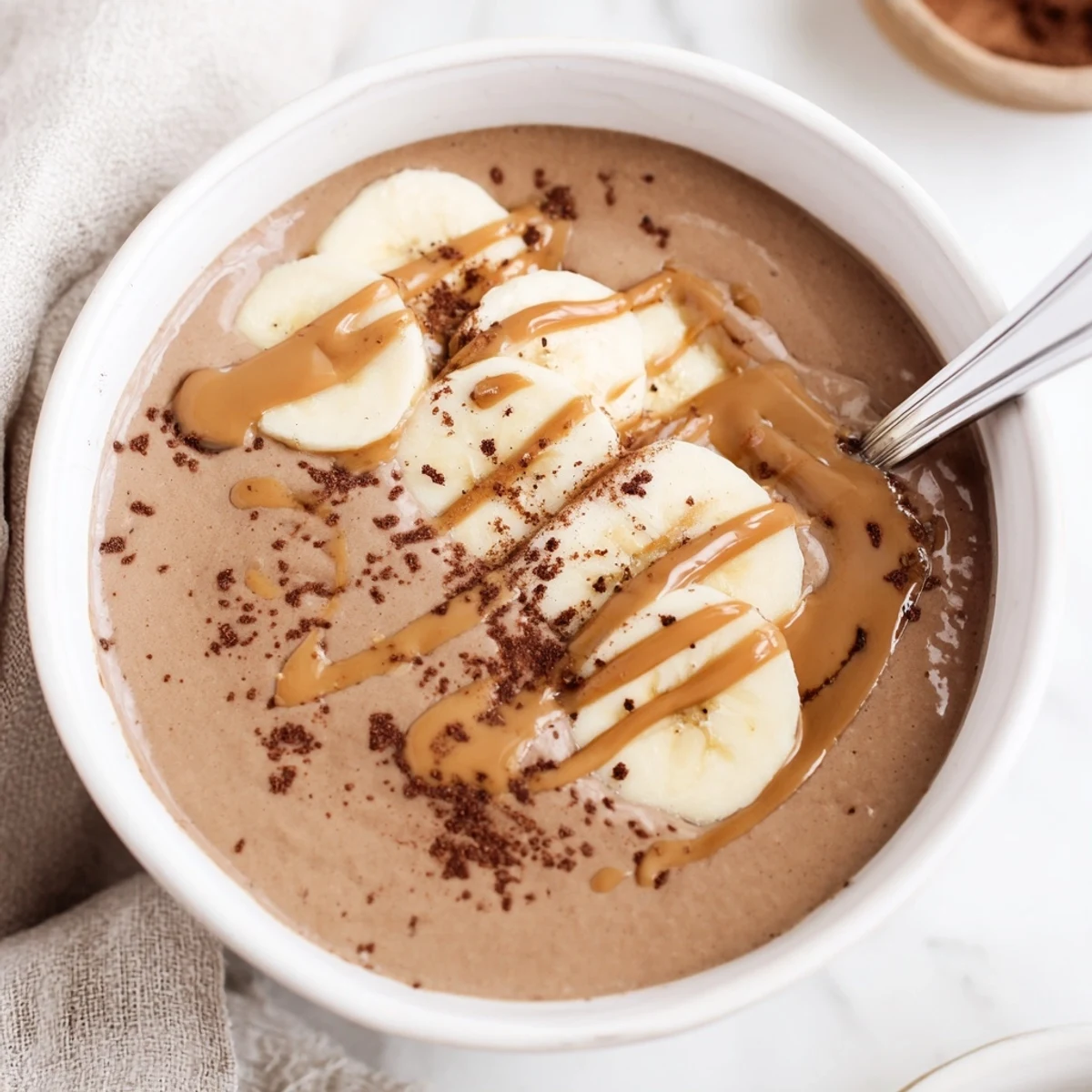 Chocolate Peanut Butter Banana smoothie in frosty glass, creamy with banana slice