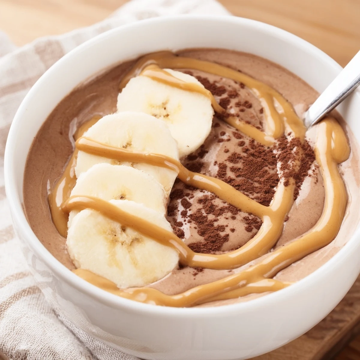 Chocolate Peanut Butter Banana shake poured into jar, thick texture, sprinkled cocoa