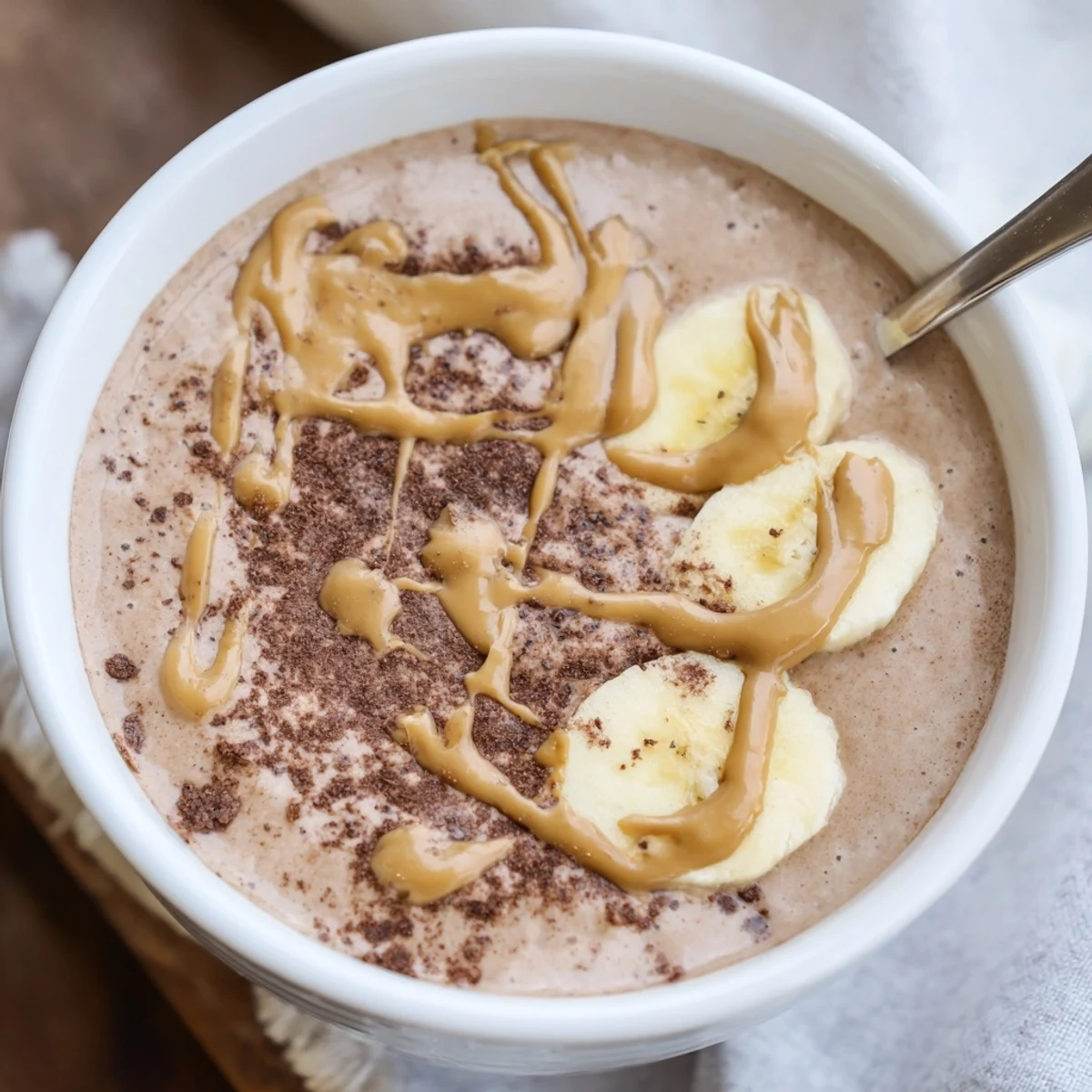 Chocolate Peanut Butter Banana blended breakfast drink, rich cocoa aroma, peanut swirl