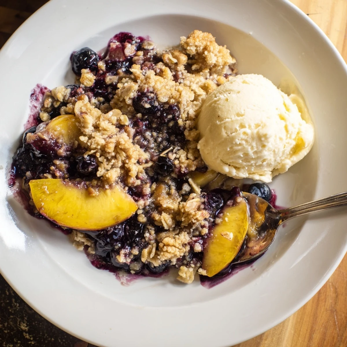 Warm Blueberry Peach Crumble bubbling in dish, golden topping and steam