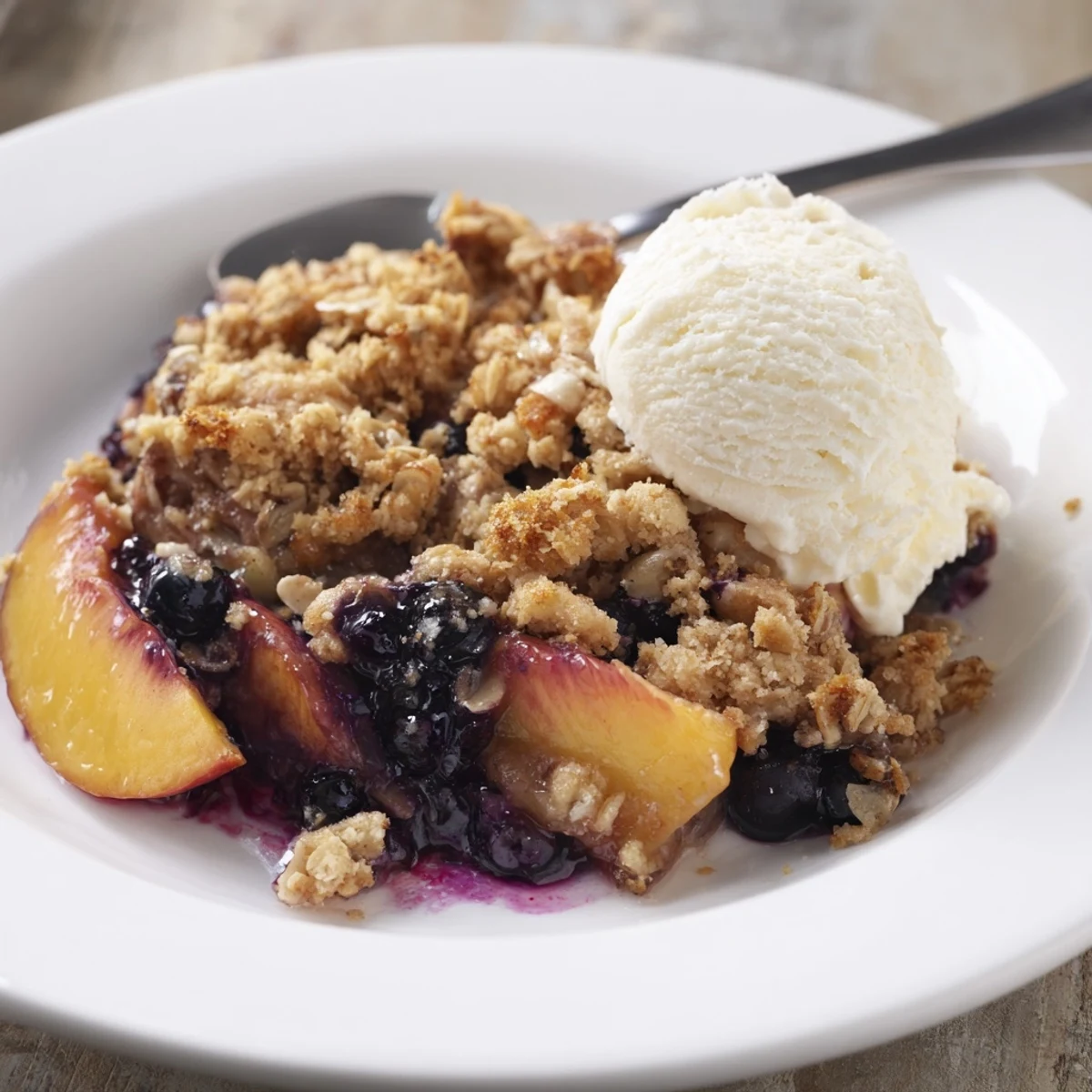 Oven-browned Blueberry Peach Crumble revealing juicy fruit beneath crisp, buttery topping