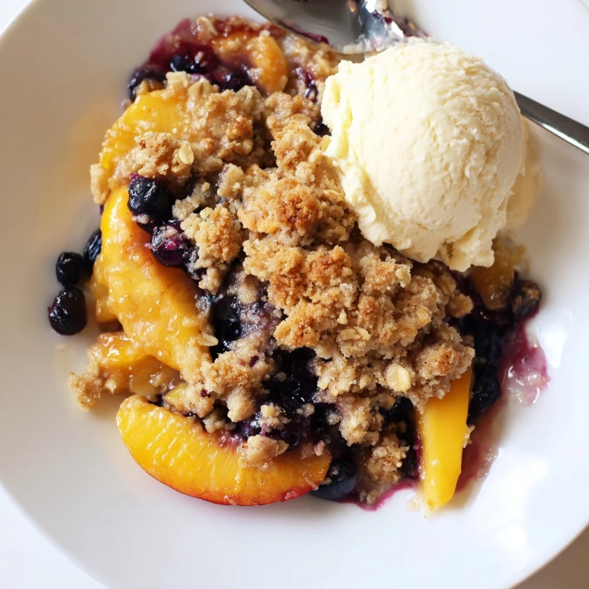 Spoonful of Blueberry Peach Crumble with melting vanilla ice cream