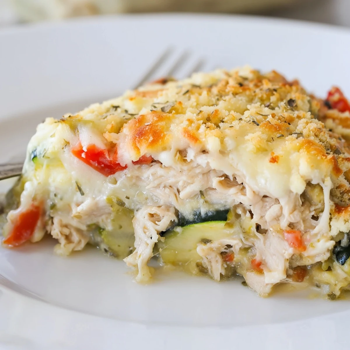 Warm Family Friendly Chicken Zucchini Bake bubbling with melted cheese and golden breadcrumbs.